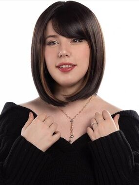 Lady Grayy ~ 12” Straight Espresso Brown w Caramel Blonde Highlights Wig